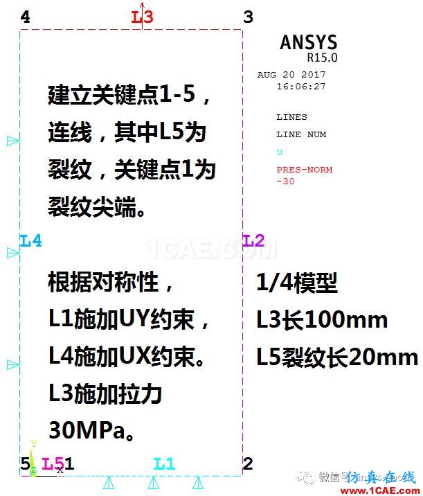 斷裂力學之有限寬板中心裂紋的應力強度因子【ANSYS算例驗證】ansys分析案例圖片3